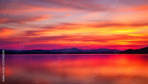 A vibrant sunset over a calm lake, reflecting colorful hues of orange, pink, and purple, with silhouettes of distant mountains in the background.