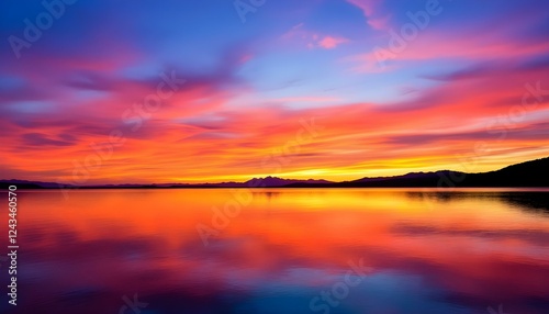 A vibrant sunset over a calm lake, reflecting colorful hues of orange, pink, and purple, with silhouettes of distant mountains in the background.