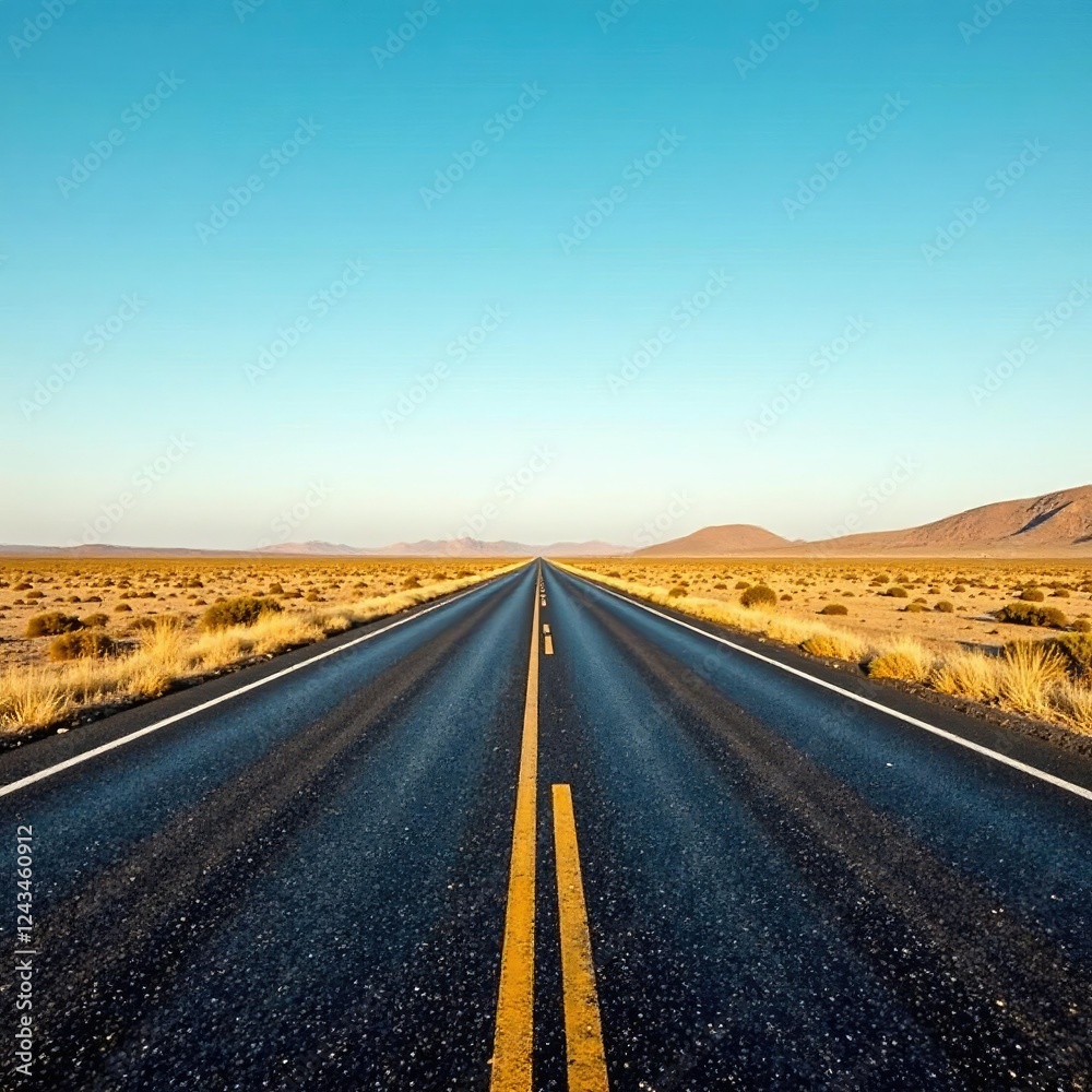 A worn-out asphalt road stretches across the vast, open plain, terrain, vastness A worn-out asphalt road stretches across the vast, open plain, terrain, vastness