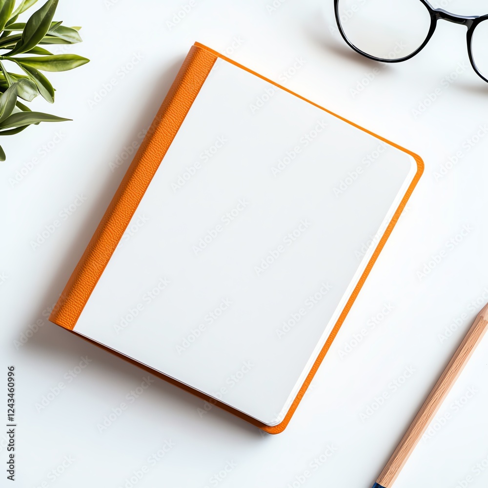 A minimalist workspace featuring a blank orange notebook, a pencil, and glasses. Perfect for creative writing or planning, this setup promotes productivity and inspiration. A minimalist workspace featuring a blank orange notebook, a pencil, and glasses. Perfect for creative writing or planning, this setup promotes productivity and inspiration.