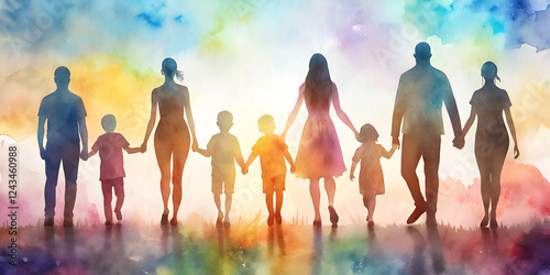 Heartwarming family silhouettes walking together, holding hands against a vibrant watercolor background, symbolizing love, unity, and togetherness in a colorful and uplifting artistic composition.