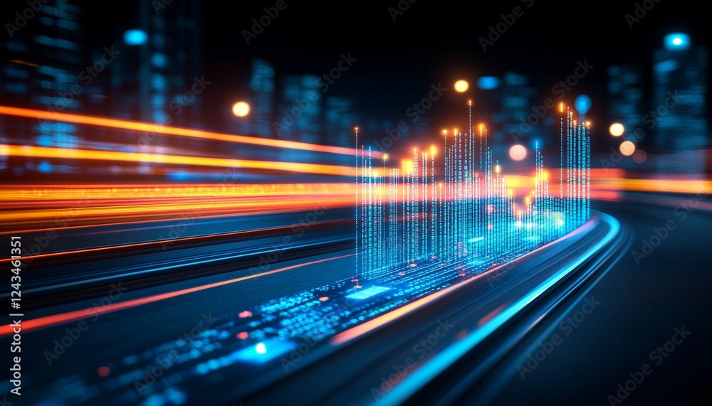 Obraz premium Abstract Data Flow, Blue and Orange Lines, Representing City Information, Technology Background