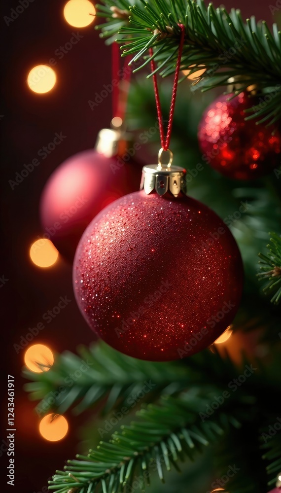 Obraz premium Glittery red Christmas tree baubles with glitter and star, decorations, holiday