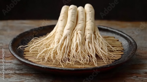 Ginseng roots on dark plate, rustic wood background photo