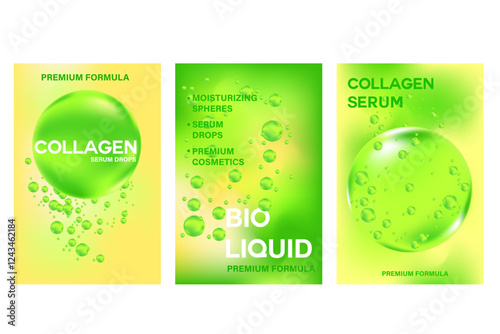 Abstract beauty cosmetic poster set with hyaluronic acid, collagen, niacinamide serum molecular spheres banner. Green, yellow organic cosmetology advertisement. Aesthetic premium cosmetic texture