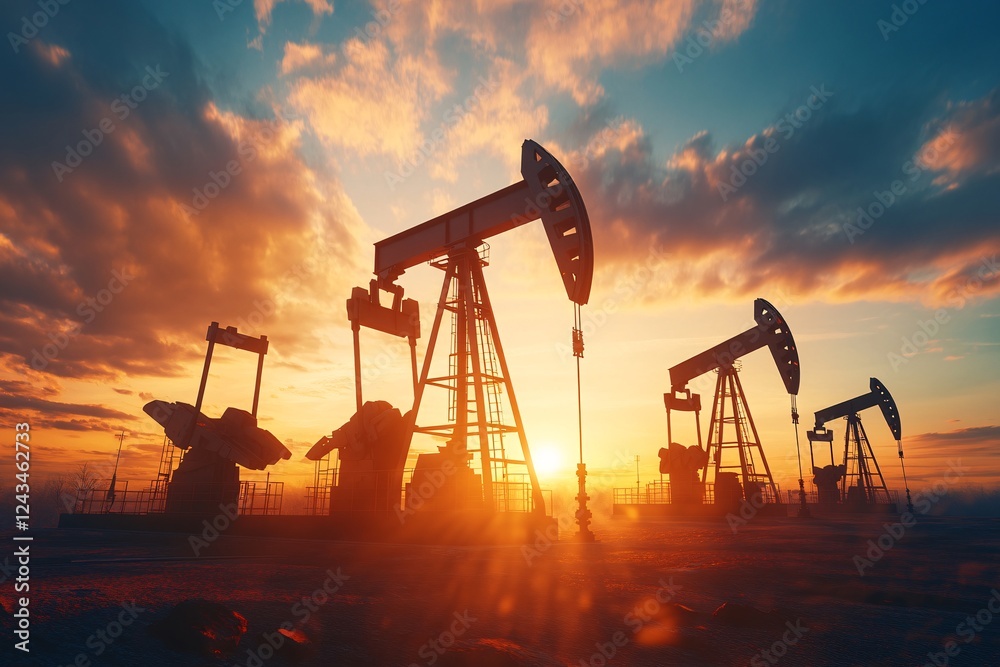 Obraz premium A sunset over a field with a large oil rig in the foreground. The sun is setting behind the rig, casting a warm glow over the scene. The oil rig is a symbol of human ingenuity and the power of technol