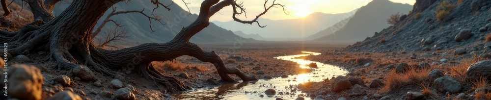 Fototapeta premium Twisted tree branches in muddy volcanic landscape, mud, muddy volcanoes, twisted trees