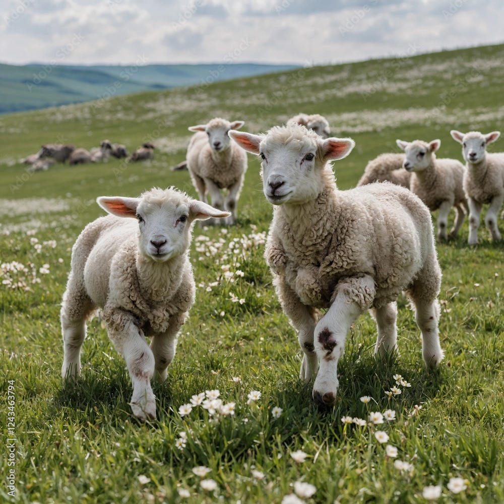 A group of frolicking lambs in a blossoming spring meadow, contrasted against a clean pure white backdrop. A group of frolicking lambs in a blossoming spring meadow, contrasted against a clean pure white backdrop.