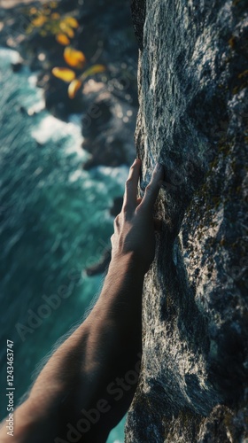 Dynamic shot capturing a climber's hand gripping a rough rock face by the ocean at dawn photo