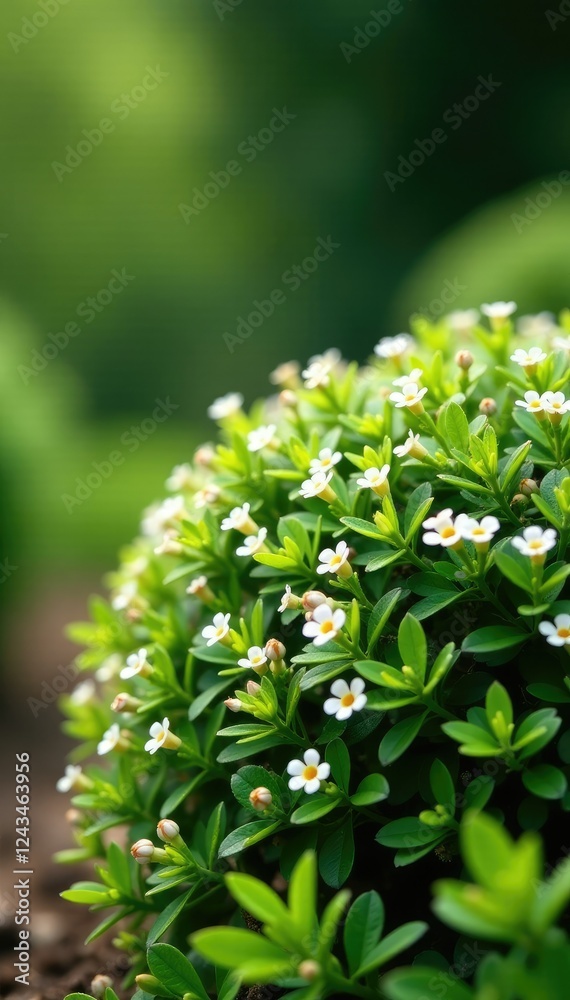 Small shrub covered in tiny white flowers in an Indian garden landscape, nature, plants Small shrub covered in tiny white flowers in an Indian garden landscape, nature, plants
