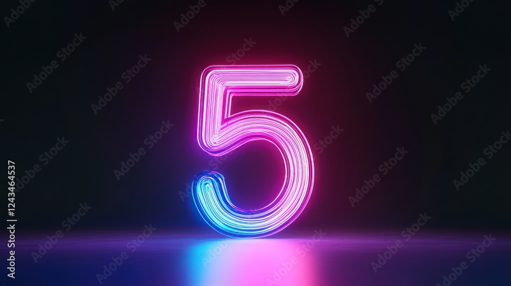 Glowing Neon Number Five on Dark Background Glowing Neon Number Five on Dark Background
