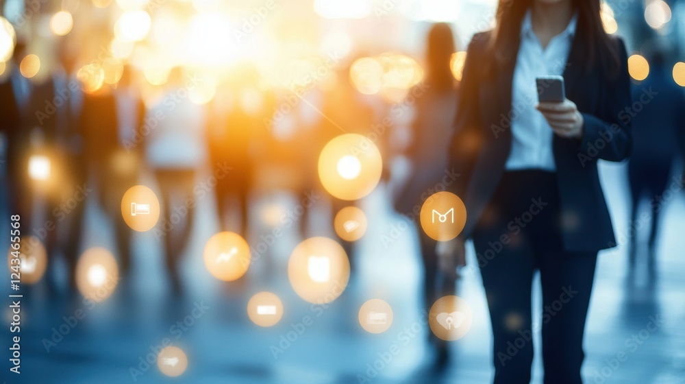 modern business and technology theme. Blurred background with people. A sleek, simple and sleek holograms emerge, showcasing technology icons and networking modern business and technology theme. Blurred background with people. A sleek, simple and sleek holograms emerge, showcasing technology icons and networking