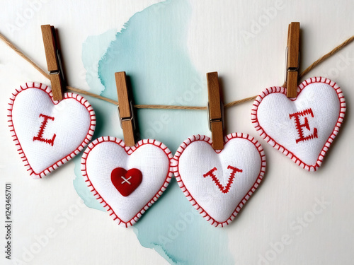 four heart-shaped fabric patches hanging on a clothesline with wooden clothespins. The hearts spell out the word LOVE