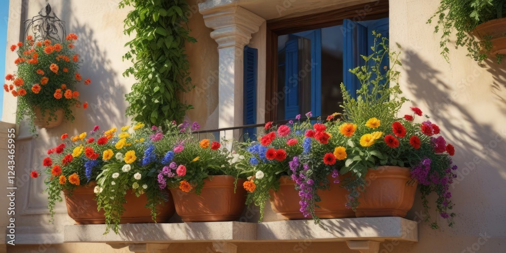 Fototapeta premium Vibrant Mediterranean flowers and foliage overflowing from a balcony planter , dekor, ausblick, flora