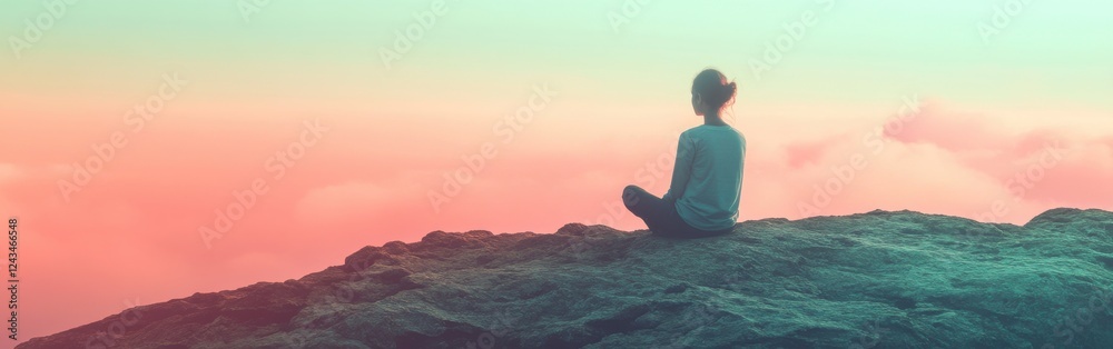 Silhouette of a person in contemplation on a rock against a colorful sky at sunset in a serene location Silhouette of a person in contemplation on a rock against a colorful sky at sunset in a serene location