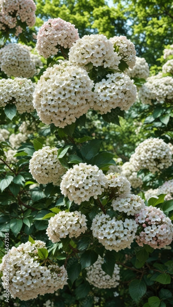 Viburnum in full bloom with pinkish-white flowers against a green leafy backdrop , blooming trees, spring blooms, garden flowers Viburnum in full bloom with pinkish-white flowers against a green leafy backdrop , blooming trees, spring blooms, garden flowers