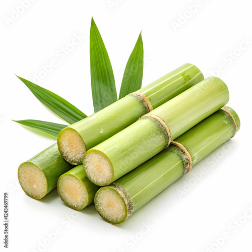 Fresh Sugarcane Stalks: A close-up shot of vibrant green sugarcane stalks, showcasing their natural sweetness and textured surface, perfect for adding a touch of tropical freshness to your designs.