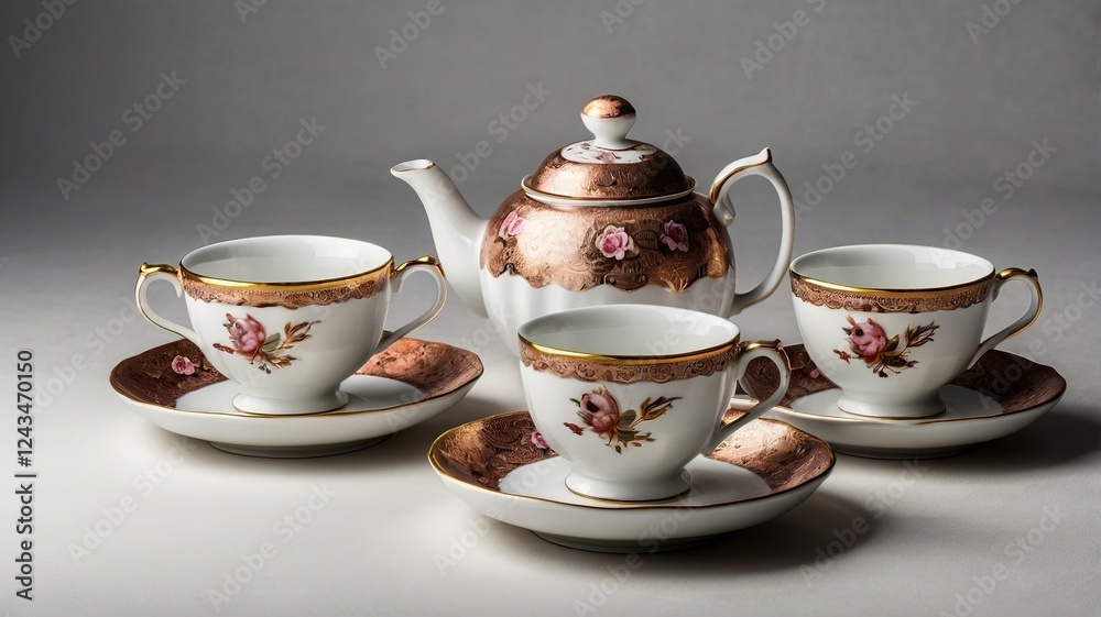 Elegant White Porcelain Tea Set with Pink Roses and Gold Trim Elegant White Porcelain Tea Set with Pink Roses and Gold Trim
