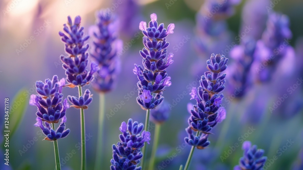 Obraz premium Lavender flowers softly blend into shades of blue at sunset, creating a tranquil atmosphere in a serene garden