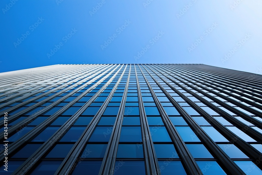 Towering Skyscraper with Sleek Glass Windows Reflecting Clear Blue Sky: Grandeur and Urban Sophistication with Clean Lines