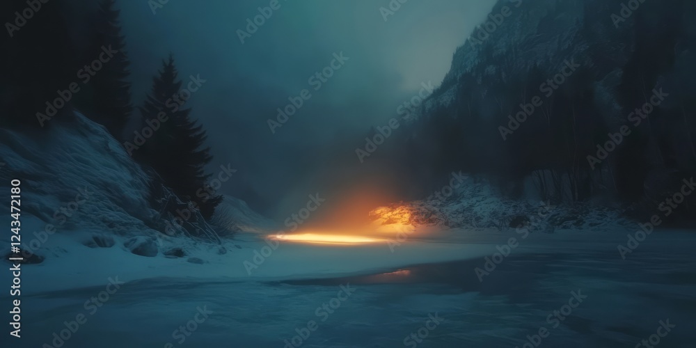Naklejka premium Enigmatic Winter Glow Illuminates Frozen River Valley