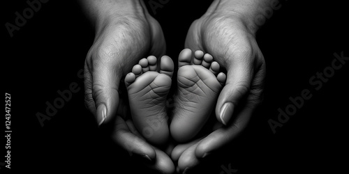 Black and white image, baby feet in mother hands

