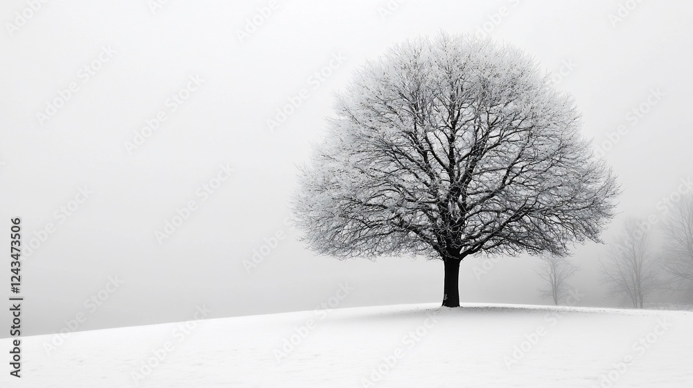 Fototapeta premium Solitary frost-covered tree in snowy field, foggy background; winter landscape