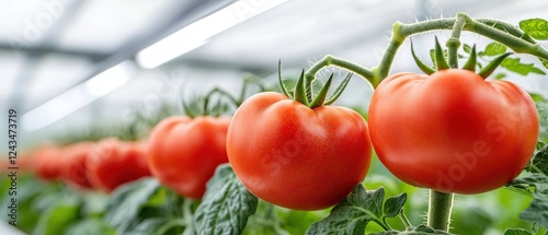 Greenhouse Farming with Solar Panels for Organic Food. Fresh, ripe tomatoes growing in a greenhouse environment with vibrant green leaves. photo