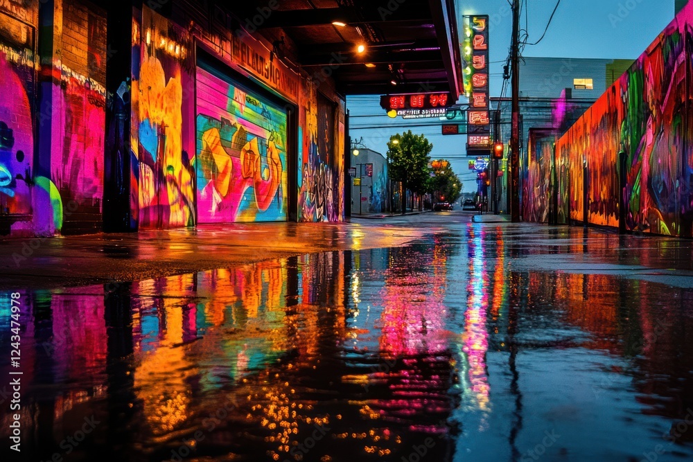 Fototapeta premium Vibrant graffiti alley reflection, urban night scene