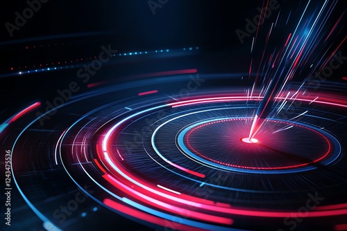 Abstract digital graphic showcasing vibrant laser beams and circular patterns, perfect for illustrating technology concepts, futuristic designs, or digital innovation themes. photo