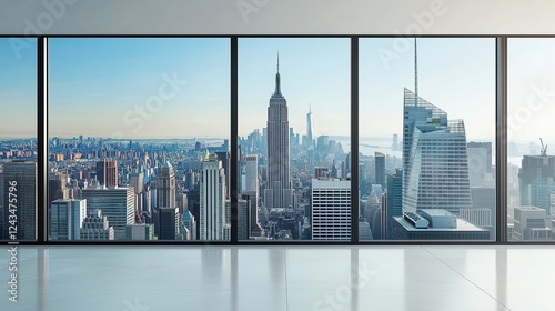 Modern high-rise skyline view through a large window. Empty interior with a white wall, perfect for interior design mockups, real estate marketing, or urban lifestyle concepts. Bright daylight
