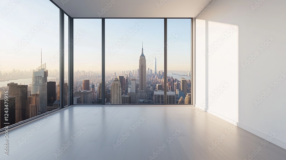 Fototapeta premium Modern high-rise skyline view through a large window. Empty interior with a white wall, perfect for interior design mockups, real estate marketing, or urban lifestyle concepts. Bright daylight