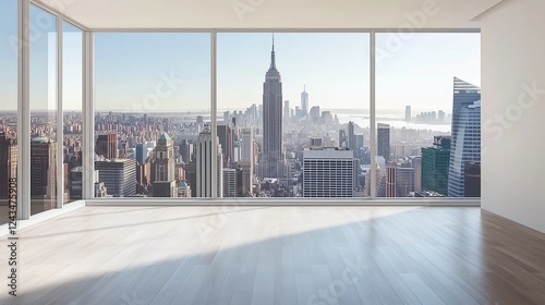 Modern high-rise skyline view through a large window. Empty interior with a white wall, perfect for interior design mockups, real estate marketing, or urban lifestyle concepts. Bright daylight