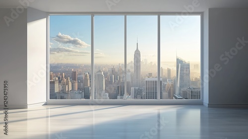 Modern high-rise skyline view through a large window. Empty interior with a white wall, perfect for interior design mockups, real estate marketing, or urban lifestyle concepts. Bright daylight