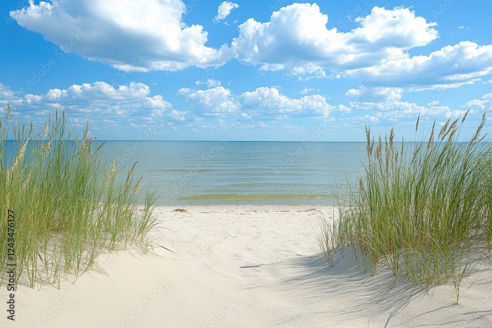Tranquil Beach Scene with Soft Sands and Lush Green Grass Tranquil Beach Scene with Soft Sands and Lush Green Grass