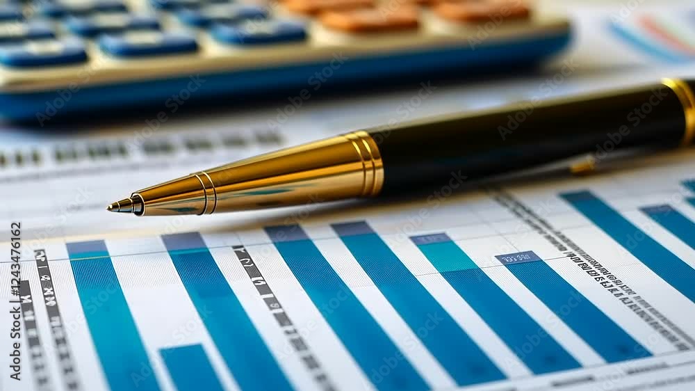 Gold-accented pen resting on financial report with calculator in background. Gold-accented pen resting on financial report with calculator in background.