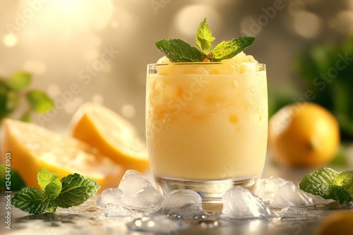 Refreshing lemon slushy drink on ice
