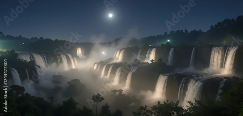 A breathtaking night view of Jog Falls in Shimoga, where the cascading water glows under soft artificial lights. The misty surroundings add a magical touch to this natural wonder under the moonlit sky photo