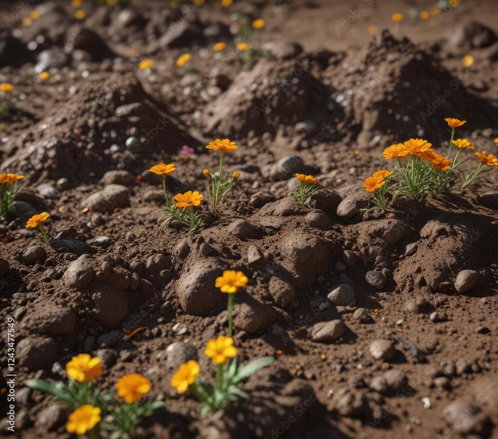 sun-baked soil with a few scattered marigold seeds , tiny seeds, weathered soil, fertile ground sun-baked soil with a few scattered marigold seeds , tiny seeds, weathered soil, fertile ground