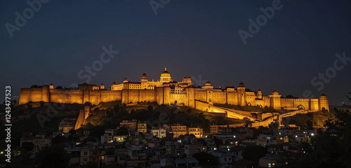 A regal nightscape of Gwalior, where the majestic Gwalior Fort is bathed in golden lights. The ancient walls stand tall against the dark sky.