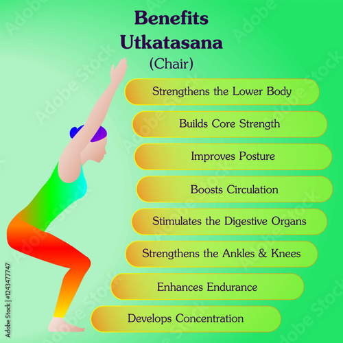 Benefits of practicing Utkatasana yoga pose. Chair pose or Fierce pose. Beginner Difficulty. Isolated vector illustration.