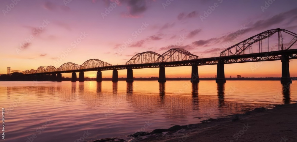 Sunset over the Mississippi River with a bridge in the distance, sunset, water, natural Sunset over the Mississippi River with a bridge in the distance, sunset, water, natural