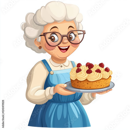 Cheerful grandmother cartoon character holding a delicious cake On a white background Vector illustration