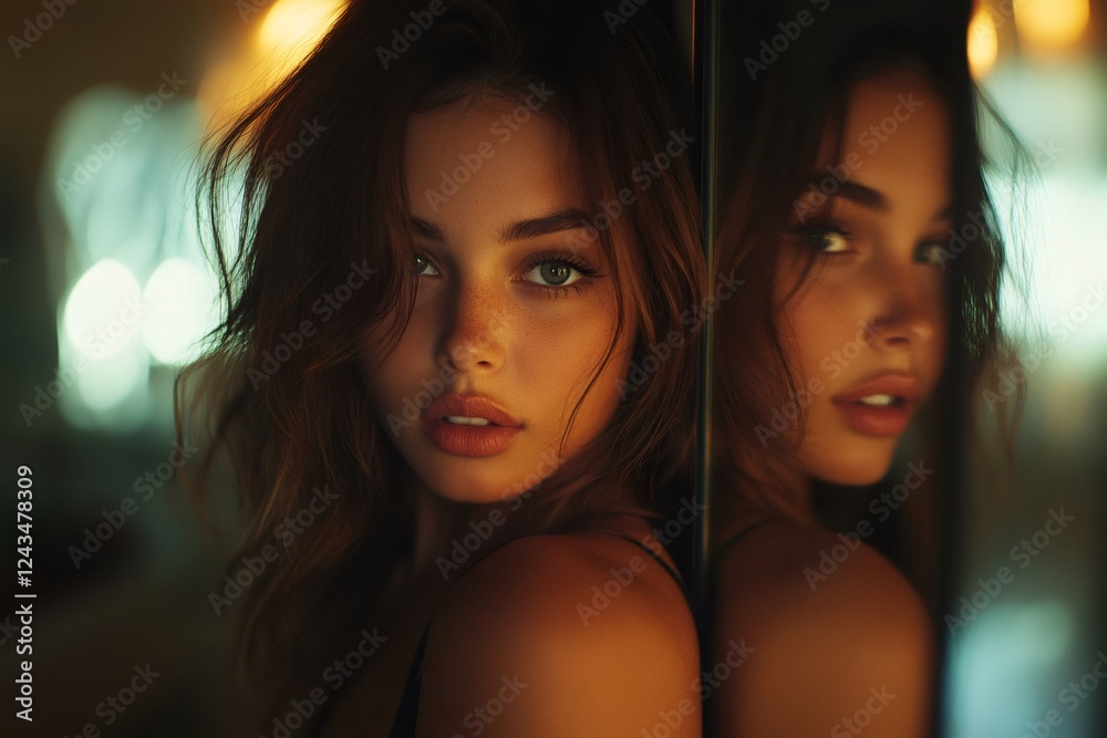 Fashion model posing with reflection in window, showing freckles and green eyes Fashion model posing with reflection in window, showing freckles and green eyes