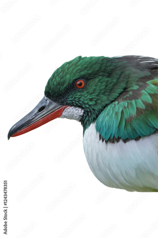 Obraz premium Close-up of a vibrant green bird with a striking red beak and bright orange eye. isolated on transparent background