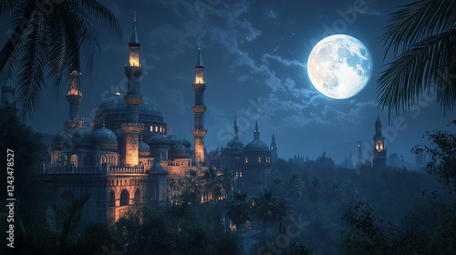 Beautiful Mosque at Night with Full Moon and Palm Trees Glowing in the Dark Sky – Islamic Architecture and Spiritual Serenity