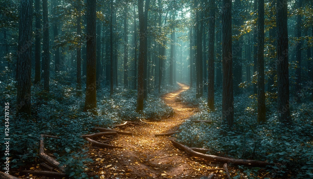 Fototapeta premium Mystical Forest Path Golden Light Autumn Woods
