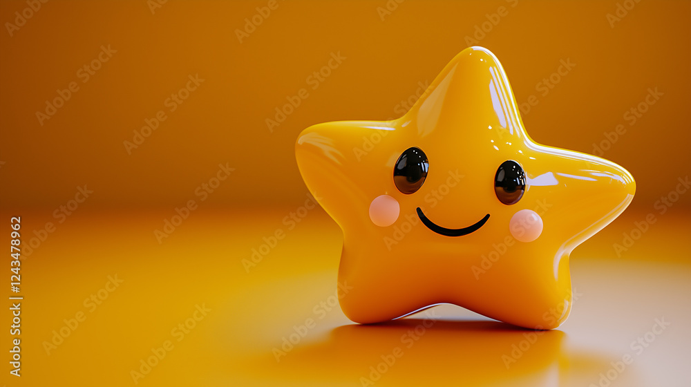 Another angle of a charming yellow star-shaped toy with a friendly smile, showcasing its glossy finish on a vibrant orange backdrop Another angle of a charming yellow star-shaped toy with a friendly smile, showcasing its glossy finish on a vibrant orange backdrop