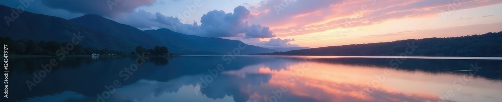 Cloudy evening scene at Mirror Lake with a calm lake surface, reflection, natural world, calm Cloudy evening scene at Mirror Lake with a calm lake surface, reflection, natural world, calm
