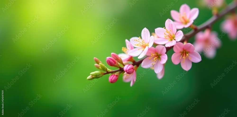 Delicate branch with tiny, pastel-colored flowers, tree, green Delicate branch with tiny, pastel-colored flowers, tree, green